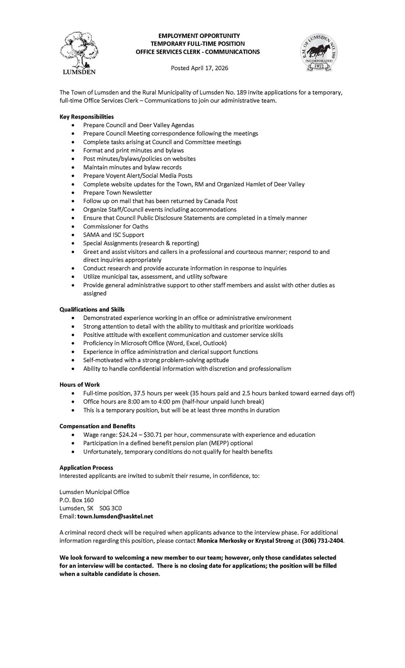 2026 Office Services Clerk - Temporary Full Time - Employment Opportunity